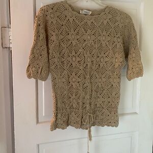 Vintage JM Pink hand crocheted cotton tan sweater peplum top w tie at waist szS